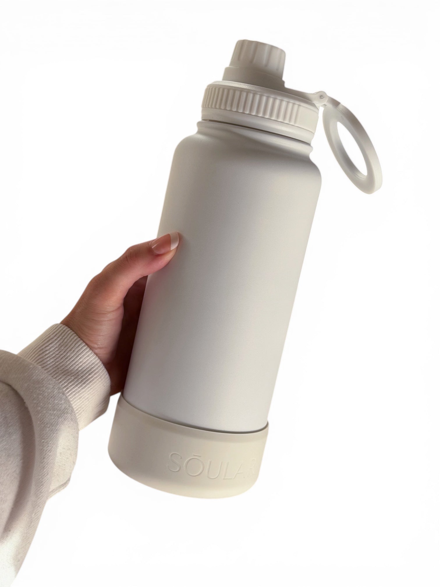 SŌULAR MAG Bottle in Cream WHITE, 950ml double-wall stainless steel water bottle with magnetic phone-holding lid and silicone base protector