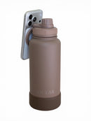 SŌULAR MAG Bottle in Espresso Brown, 950ml double-wall stainless steel water bottle with magnetic phone-holding lid and silicone base protector
