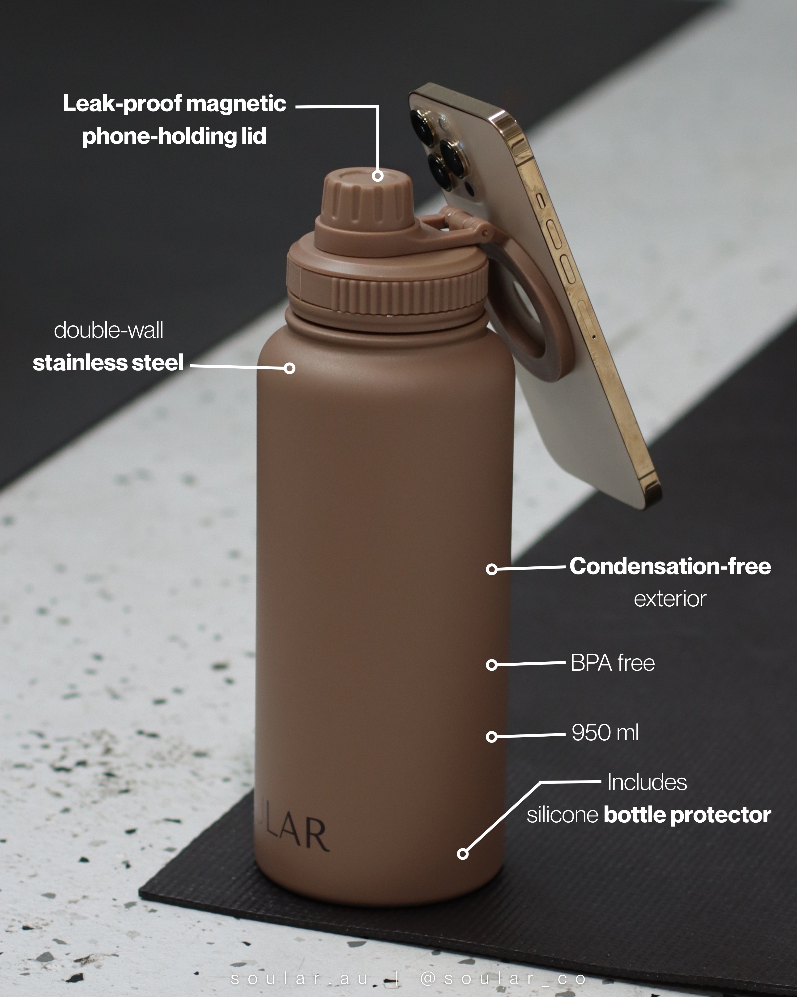soular mag bottle in espresso brown colour holding the phone double-wall stainless steel, bpa free, magnetic lid with silicone bottle protector